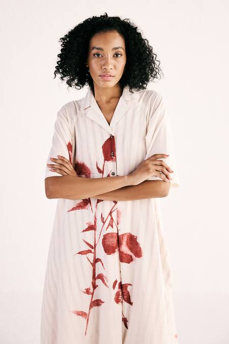 Kharakapas_Off White Cotton Lace, Embroidery Collared Wild Rose Print Shirt Dress _at_Aza_Fashions