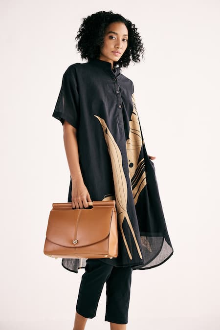 Shop Kharakapas Grey Cotton Embroidery Bandeau Shadow Leaf Print Button Down Kurta With Pant Online at Aza Fashions Shop_Kharakapas_Grey Cotton Embroidery Bandeau Shadow Leaf Print Button Down Kurta With Pant _Online_at_Aza_Fashions