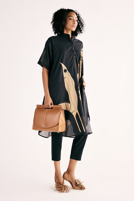 Kharakapas Grey Cotton Embroidery Bandeau Shadow Leaf Print Button Down Kurta With Pant at Aza Fashions Kharakapas_Grey Cotton Embroidery Bandeau Shadow Leaf Print Button Down Kurta With Pant _at_Aza_Fashions