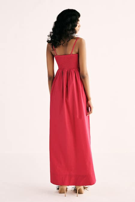 Shop Kharakapas Pink Poplin Sweetheart Neck Flame Solid Off Shoulder Smocked Back Dress at Aza Fashions Shop_Kharakapas_Pink Poplin Sweetheart Neck Flame Solid Off Shoulder Smocked Back Dress _at_Aza_Fashions