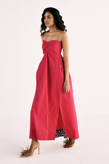 Shop Kharakapas Pink Poplin Sweetheart Neck Flame Solid Off Shoulder Smocked Back Dress Online at Aza Fashions Shop_Kharakapas_Pink Poplin Sweetheart Neck Flame Solid Off Shoulder Smocked Back Dress _Online_at_Aza_Fashions