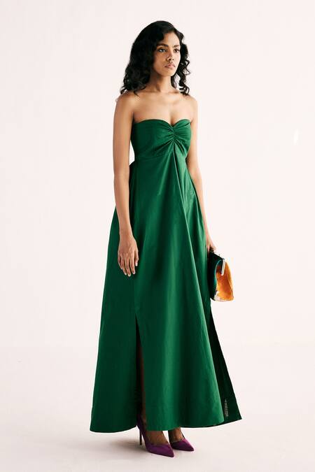 Buy Kharakapas Pink Poplin Sweetheart Neck Gaze Solid Off Shoulder Side Slit Dress Buy_Kharakapas_Pink Poplin Sweetheart Neck Gaze Solid Off Shoulder Side Slit Dress