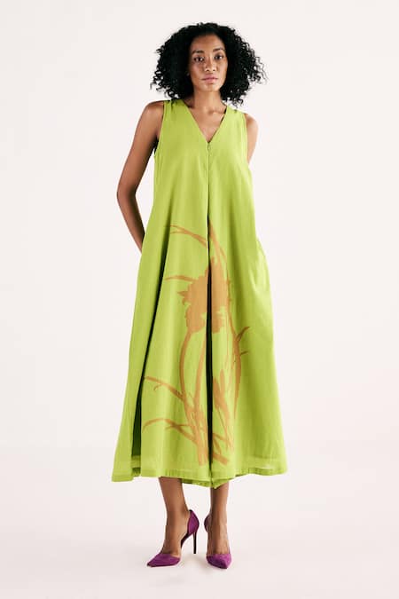 Kharakapas Green Cotton Mul Print Floral V-neck Limeade Flared A-line Jumpsuit 