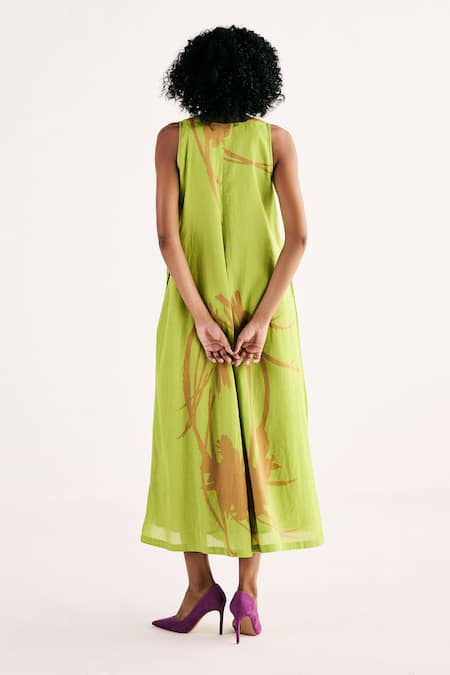Shop Kharakapas Green Cotton V-neck Limeade Floral Print Flared A-line Jumpsuit at Aza Fashions Shop_Kharakapas_Green Cotton V-neck Limeade Floral Print Flared A-line Jumpsuit _at_Aza_Fashions