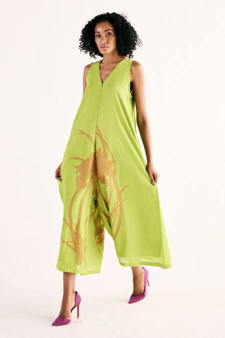 Shop Kharakapas Green Cotton V-neck Limeade Floral Print Flared A-line Jumpsuit Online at Aza Fashions Shop_Kharakapas_Green Cotton V-neck Limeade Floral Print Flared A-line Jumpsuit _Online_at_Aza_Fashions