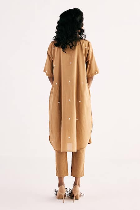 Shop Kharakapas Beige Cotton Collared Sand Polka Dot Print High Low Kurta With Pant at Aza Fashions Shop_Kharakapas_Beige Cotton Collared Sand Polka Dot Print High Low Kurta With Pant _at_Aza_Fashions