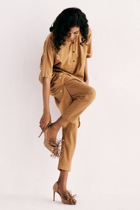 Kharakapas Beige Cotton Collared Sand Polka Dot Print High Low Kurta With Pant Online at Aza Fashions Kharakapas_Beige Cotton Collared Sand Polka Dot Print High Low Kurta With Pant _Online_at_Aza_Fashions