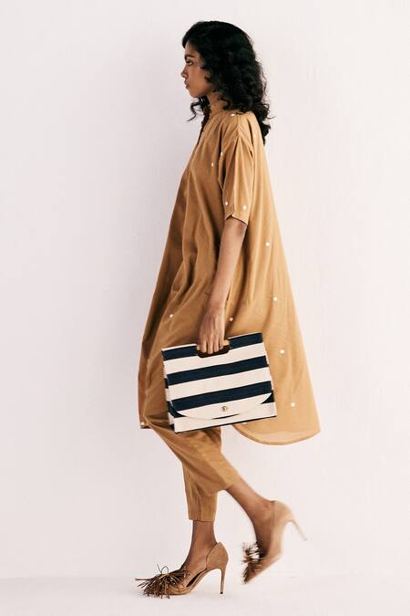 Kharakapas Beige Cotton Collared Sand Polka Dot Print High Low Kurta With Pant at Aza Fashions Kharakapas_Beige Cotton Collared Sand Polka Dot Print High Low Kurta With Pant _at_Aza_Fashions