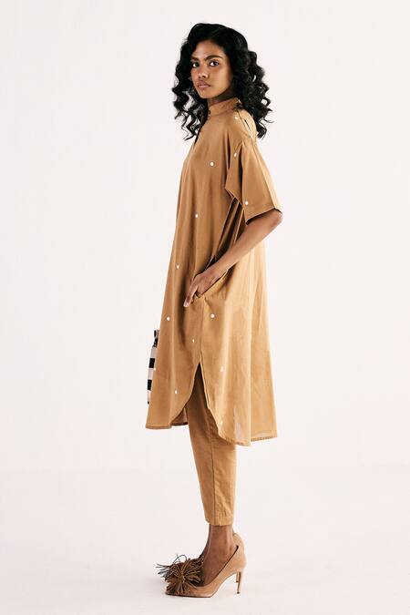 Buy Kharakapas Beige Cotton Collared Sand Polka Dot Print High Low Kurta With Pant Buy_Kharakapas_Beige Cotton Collared Sand Polka Dot Print High Low Kurta With Pant