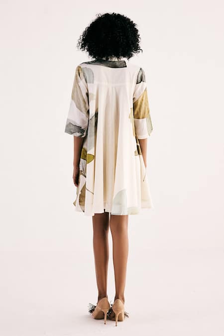 Shop Kharakapas Off White Cotton Bandeau Neck Jade Swing Floral Print Flared Dress at Aza Fashions Shop_Kharakapas_Off White Cotton Bandeau Neck Jade Swing Floral Print Flared Dress _at_Aza_Fashions