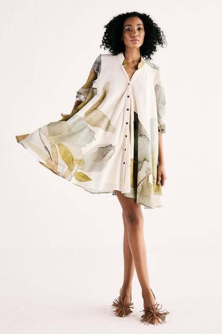 Shop Kharakapas Off White Cotton Bandeau Neck Jade Swing Floral Print Flared Dress Online at Aza Fashions Shop_Kharakapas_Off White Cotton Bandeau Neck Jade Swing Floral Print Flared Dress _Online_at_Aza_Fashions