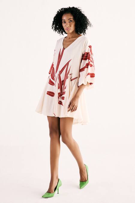 Shop Kharakapas Off White Cotton V-neck Garnet Grove Floral Print Godet Flared Dress Online at Aza Fashions Shop_Kharakapas_Off White Cotton V-neck Garnet Grove Floral Print Godet Flared Dress _Online_at_Aza_Fashions