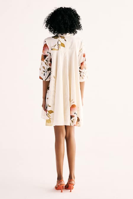 Shop Kharakapas Off White Cotton Collared Hibiscus Swing Fern Print Dress at Aza Fashions Shop_Kharakapas_Off White Cotton Collared Hibiscus Swing Fern Print Dress _at_Aza_Fashions