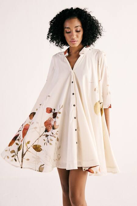 Kharakapas Off White Cotton Collared Hibiscus Swing Fern Print Dress at Aza Fashions Kharakapas_Off White Cotton Collared Hibiscus Swing Fern Print Dress _at_Aza_Fashions