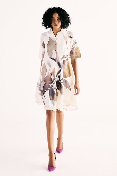 Kharakapas Ivory Bloom Print Shirt Dress 