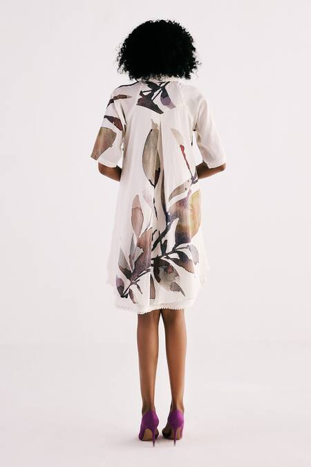 Shop_Kharakapas_Off White Cotton Embroidery Collared Ivory Bloom Print Shirt Dress _at_Aza_Fashions