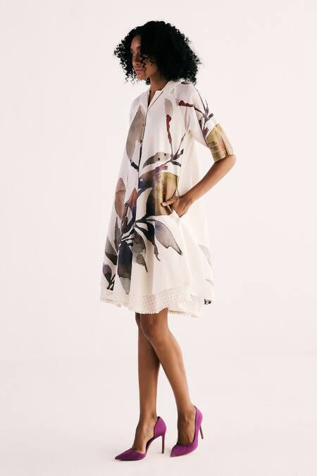 Buy_Kharakapas_Off White Cotton Embroidery Collared Ivory Bloom Print Shirt Dress _Online_at_Aza_Fashions