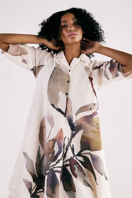 Shop_Kharakapas_Off White Cotton Embroidery Collared Ivory Bloom Print Shirt Dress _Online_at_Aza_Fashions