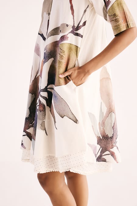 Kharakapas_Off White Cotton Embroidery Collared Ivory Bloom Print Shirt Dress _at_Aza_Fashions