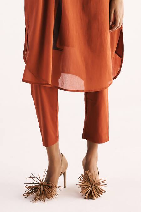 Shop Kharakapas Red Cotton Bandeau Neck Rustic Palm Print Straight Kurta With Pant Online at Aza Fashions Shop_Kharakapas_Red Cotton Bandeau Neck Rustic Palm Print Straight Kurta With Pant _Online_at_Aza_Fashions