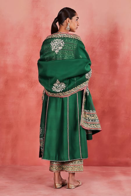 Shop Sue Mue Green Handloom Cotton, Silk, Brocade Embroidery, Zari Split Yaman Kurta Set at Aza Fashions Shop_Sue Mue_Green Handloom Cotton, Silk, Brocade Embroidery, Zari Split Yaman Kurta Set _at_Aza_Fashions