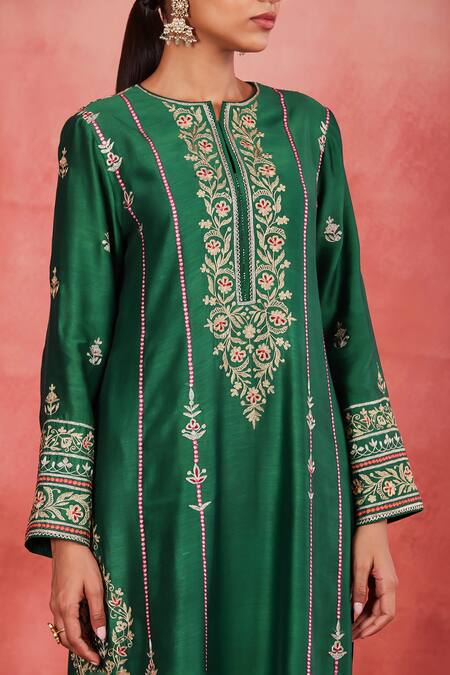 Sue Mue Green Handloom Cotton, Silk, Brocade Embroidery, Zari Split Yaman Kurta Set Online at Aza Fashions Sue Mue_Green Handloom Cotton, Silk, Brocade Embroidery, Zari Split Yaman Kurta Set _Online_at_Aza_Fashions