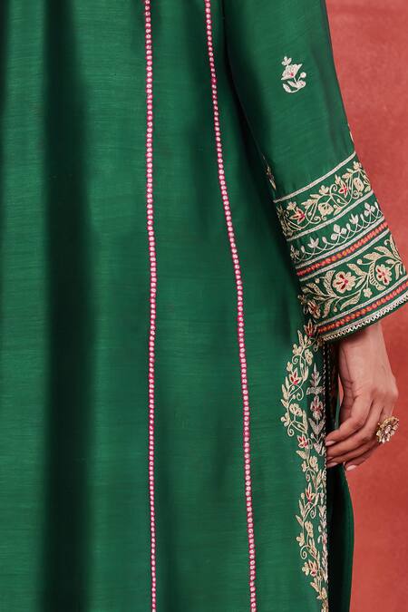 Shop Sue Mue Green Handloom Cotton, Silk, Brocade Embroidery, Zari Split Yaman Kurta Set Online at Aza Fashions Shop_Sue Mue_Green Handloom Cotton, Silk, Brocade Embroidery, Zari Split Yaman Kurta Set _Online_at_Aza_Fashions