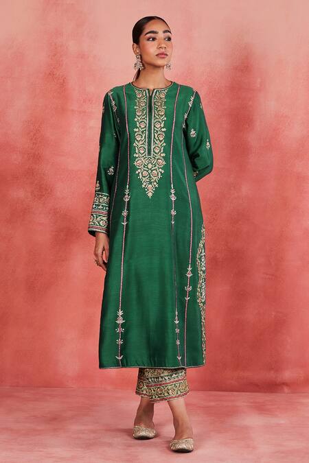 Buy Sue Mue Green Handloom Cotton, Silk, Brocade Embroidery, Zari Split Yaman Kurta Set Buy_Sue Mue_Green Handloom Cotton, Silk, Brocade Embroidery, Zari Split Yaman Kurta Set
