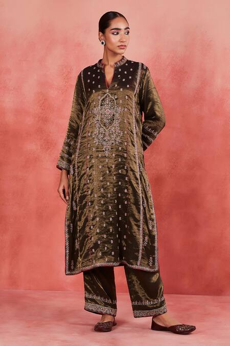 Shop Sue Mue Black Silk Organza, Handloom Cotton Zahira Floral Jaal Panelled Kurta Set Shop_Sue Mue_Black Silk Organza, Handloom Cotton Zahira Floral Jaal Panelled Kurta Set