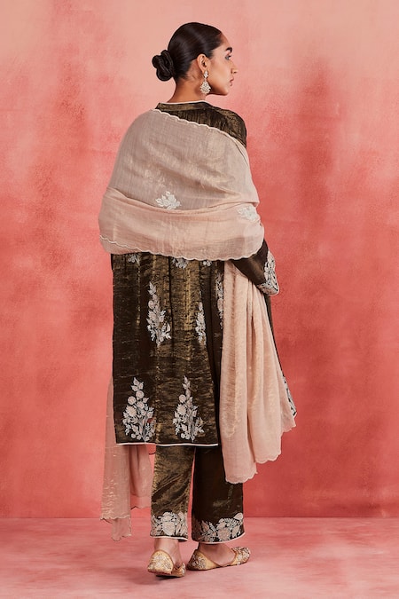 Shop Sue Mue Black Handloom Cotton, Silk, Tissue Sequins, Samiya Thread Gathered Kurta Set at Aza Fashions Shop_Sue Mue_Black Handloom Cotton, Silk, Tissue Sequins, Samiya Thread Gathered Kurta Set _at_Aza_Fashions