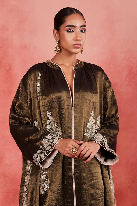 Sue Mue Black Handloom Cotton, Silk, Tissue Sequins, Samiya Thread Gathered Kurta Set Online at Aza Fashions Sue Mue_Black Handloom Cotton, Silk, Tissue Sequins, Samiya Thread Gathered Kurta Set _Online_at_Aza_Fashions