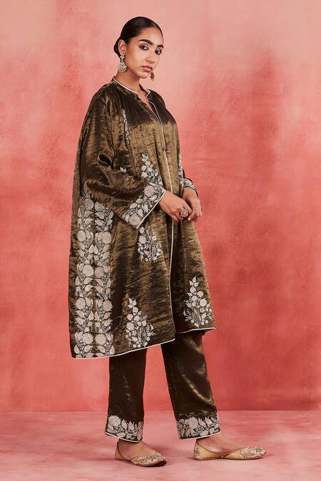Buy Sue Mue Black Handloom Cotton, Silk, Tissue Sequins, Samiya Thread Gathered Kurta Set Buy_Sue Mue_Black Handloom Cotton, Silk, Tissue Sequins, Samiya Thread Gathered Kurta Set