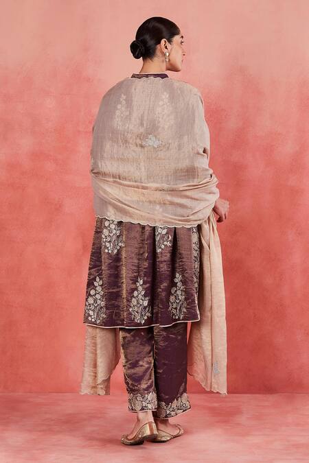 Shop Sue Mue Purple Handloom Cotton, Cotton, Silk Shadiya Threadwork Gathered Kurta Set at Aza Fashions Shop_Sue Mue_Purple Handloom Cotton, Cotton, Silk Shadiya Threadwork Gathered Kurta Set _at_Aza_Fashions