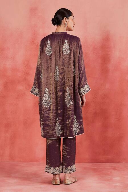 Sue Mue Purple Handloom Cotton, Cotton, Silk Shadiya Threadwork Gathered Kurta Set Online at Aza Fashions Sue Mue_Purple Handloom Cotton, Cotton, Silk Shadiya Threadwork Gathered Kurta Set _Online_at_Aza_Fashions