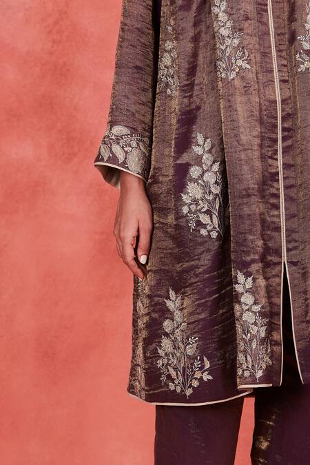 Shop Sue Mue Purple Handloom Cotton, Cotton, Silk Shadiya Threadwork Gathered Kurta Set Online at Aza Fashions Shop_Sue Mue_Purple Handloom Cotton, Cotton, Silk Shadiya Threadwork Gathered Kurta Set _Online_at_Aza_Fashions