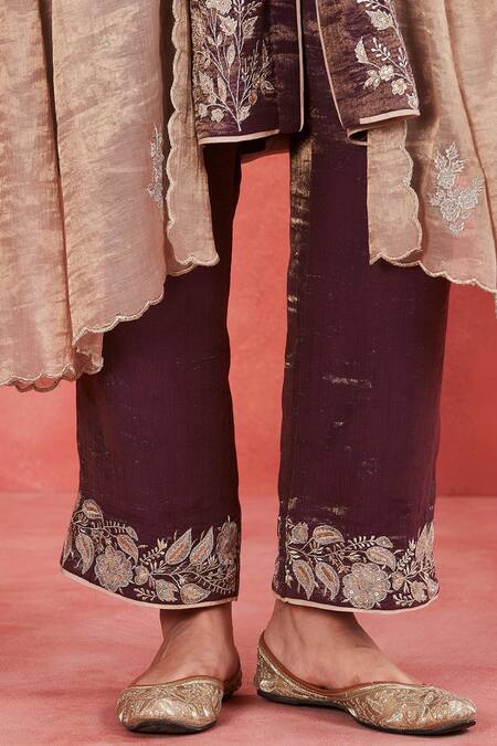 Sue Mue Purple Handloom Cotton, Cotton, Silk Shadiya Threadwork Gathered Kurta Set at Aza Fashions Sue Mue_Purple Handloom Cotton, Cotton, Silk Shadiya Threadwork Gathered Kurta Set _at_Aza_Fashions