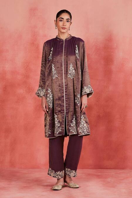 Buy Sue Mue Purple Handloom Cotton, Cotton, Silk Shadiya Threadwork Gathered Kurta Set Buy_Sue Mue_Purple Handloom Cotton, Cotton, Silk Shadiya Threadwork Gathered Kurta Set