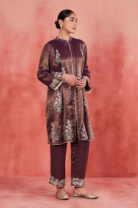 Shop Sue Mue Purple Handloom Cotton, Cotton, Silk Shadiya Threadwork Gathered Kurta Set Shop_Sue Mue_Purple Handloom Cotton, Cotton, Silk Shadiya Threadwork Gathered Kurta Set