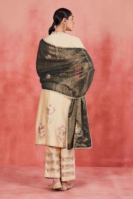 Shop Sue Mue Beige Handloom Cotton Embroidery Mandarin Salma Floral Panelled Kurta Set at Aza Fashions Shop_Sue Mue_Beige Handloom Cotton Embroidery Mandarin Salma Floral Panelled Kurta Set _at_Aza_Fashions