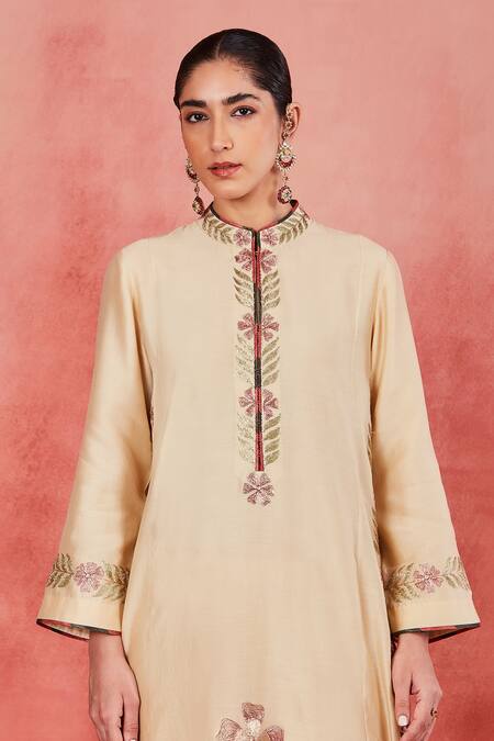 Buy Sue Mue Beige Handloom Cotton Embroidery Mandarin Salma Floral Panelled Kurta Set Online at Aza Fashions Buy_Sue Mue_Beige Handloom Cotton Embroidery Mandarin Salma Floral Panelled Kurta Set _Online_at_Aza_Fashions