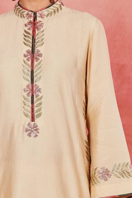 Shop Sue Mue Beige Handloom Cotton Embroidery Mandarin Salma Floral Panelled Kurta Set Online at Aza Fashions Shop_Sue Mue_Beige Handloom Cotton Embroidery Mandarin Salma Floral Panelled Kurta Set _Online_at_Aza_Fashions