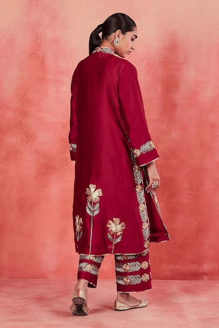 Sue Mue Red Handloom Cotton, Silk Embroidery Siham Floral Panelled Kurta Pant Set Online at Aza Fashions Sue Mue_Red Handloom Cotton, Silk Embroidery Siham Floral Panelled Kurta Pant Set _Online_at_Aza_Fashions