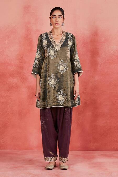 Buy_Sue Mue_Green Handloom , Embroidery, Sequins, Zari Aamina Short Kurta Set 