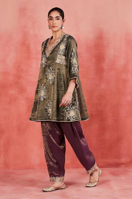 Shop_Sue Mue_Green Handloom , Embroidery, Sequins, Zari Aamina Short Kurta Set 