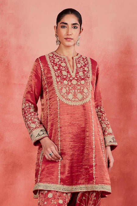 Shop Sue Mue Pink Silk Organza, Handloom Cotton Embroidery, Azra Dori Yoke Short Kurta Set Online at Aza Fashions Shop_Sue Mue_Pink Silk Organza, Handloom Cotton Embroidery, Azra Dori Yoke Short Kurta Set _Online_at_Aza_Fashions