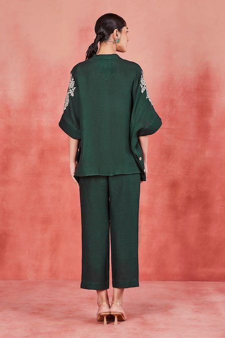 Shop Sue Mue Green Linen Embroidery Collared Gia Floral Sleeve Kimono Shirt And Pant Set at Aza Fashions Shop_Sue Mue_Green Linen Embroidery Collared Gia Floral Sleeve Kimono Shirt And Pant Set _at_Aza_Fashions