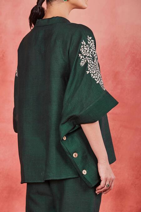Sue Mue Green Linen Embroidery Collared Gia Floral Sleeve Kimono Shirt And Pant Set Online at Aza Fashions Sue Mue_Green Linen Embroidery Collared Gia Floral Sleeve Kimono Shirt And Pant Set _Online_at_Aza_Fashions