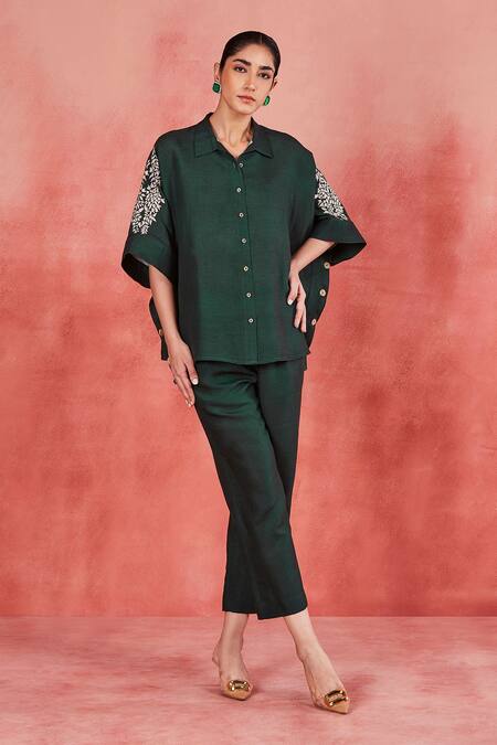 Shop Sue Mue Green Linen Embroidery Collared Gia Floral Sleeve Kimono Shirt And Pant Set Online at Aza Fashions Shop_Sue Mue_Green Linen Embroidery Collared Gia Floral Sleeve Kimono Shirt And Pant Set _Online_at_Aza_Fashions