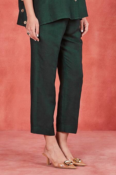 Sue Mue Green Linen Embroidery Collared Gia Floral Sleeve Kimono Shirt And Pant Set at Aza Fashions Sue Mue_Green Linen Embroidery Collared Gia Floral Sleeve Kimono Shirt And Pant Set _at_Aza_Fashions