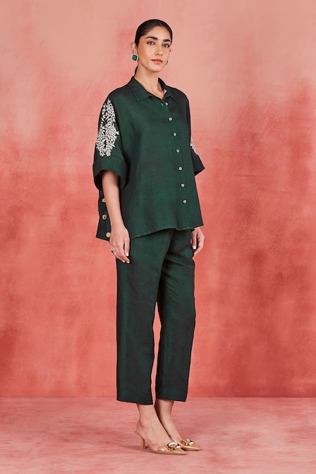 Buy Sue Mue Green Linen Embroidery Collared Gia Floral Sleeve Kimono Shirt And Pant Set Buy_Sue Mue_Green Linen Embroidery Collared Gia Floral Sleeve Kimono Shirt And Pant Set